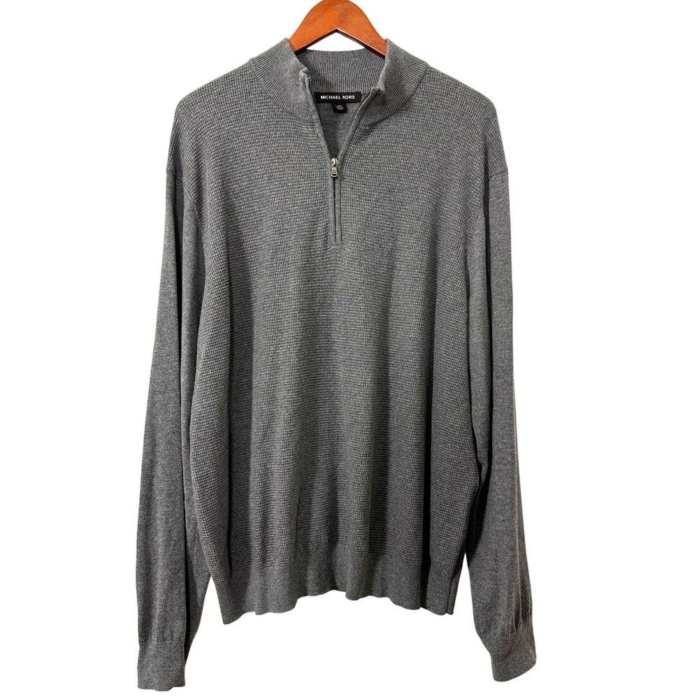 Michael Kors Quarter Zip Sweater XXL Grey Waffle Knit Quiet Luxury Casual